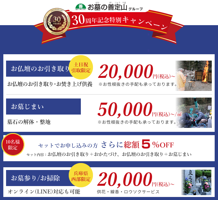 今だけキャンペーン実施中!!お仏壇のお引き取りお仏壇の引き取り・お焚き上げ供養50,000円(税込)~20,000円(税込)~※お性根抜きの手配も承っております。お墓じまい墓石の解体・整地100,000円(税込)~80,000円(税込)~※お性根抜きの手配も承っております。