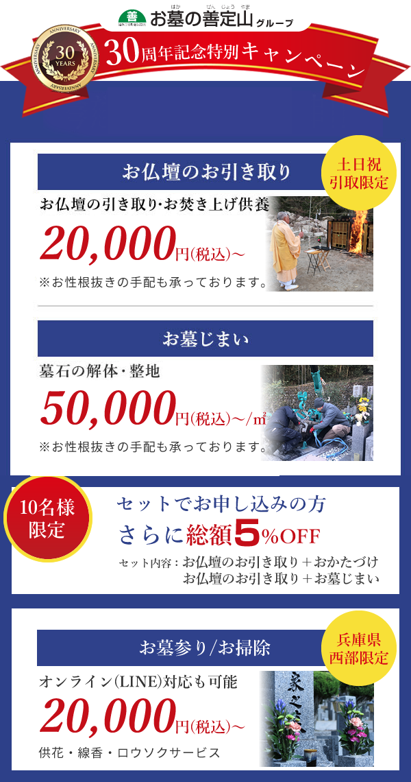 今だけキャンペーン実施中!!お仏壇のお引き取りお仏壇の引き取り・お焚き上げ供養50,000円(税込)~20,000円(税込)~※お性根抜きの手配も承っております。お墓じまい墓石の解体・整地100,000円(税込)~80,000円(税込)~※お性根抜きの手配も承っております。